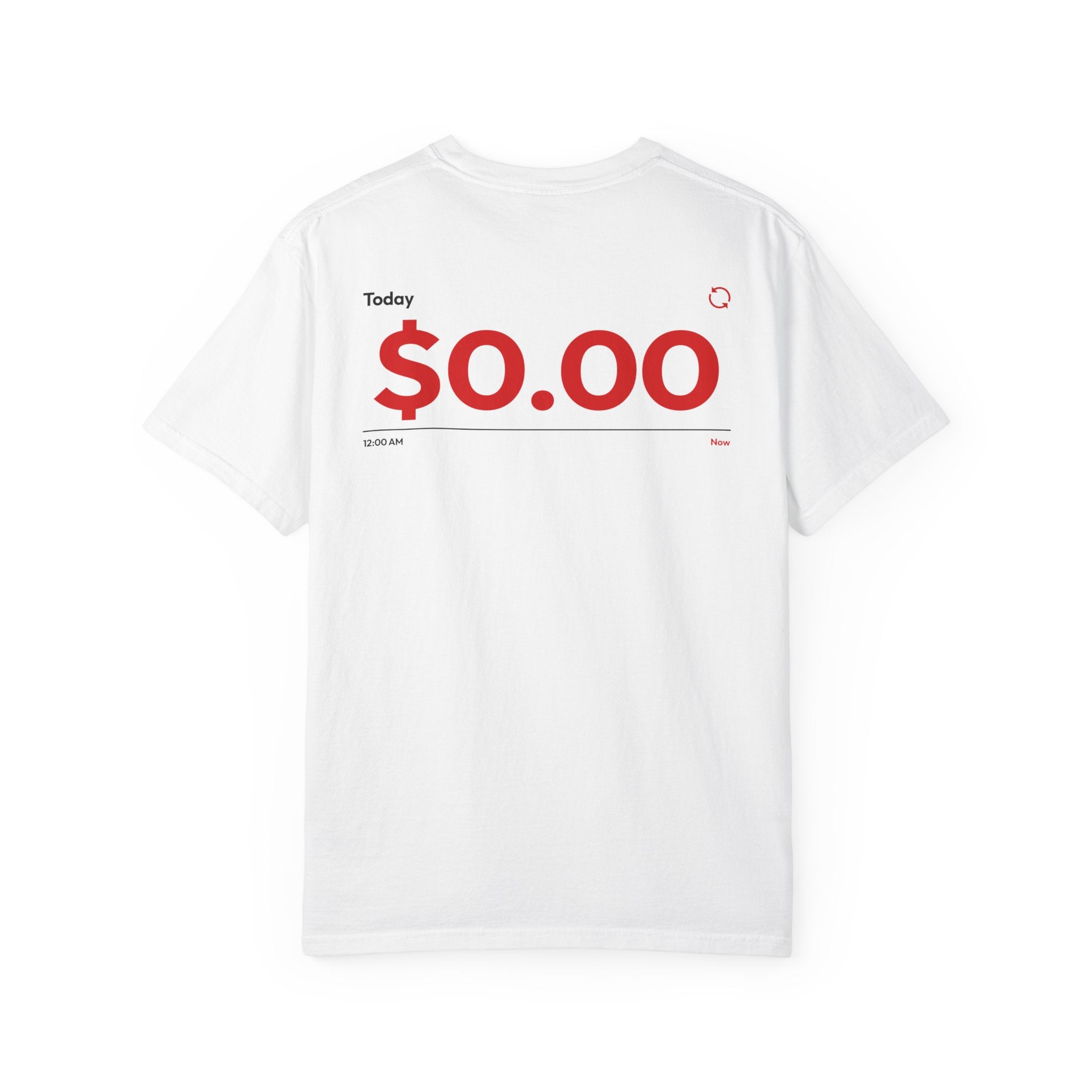 White t-shirt with red $0.00 text on a white background