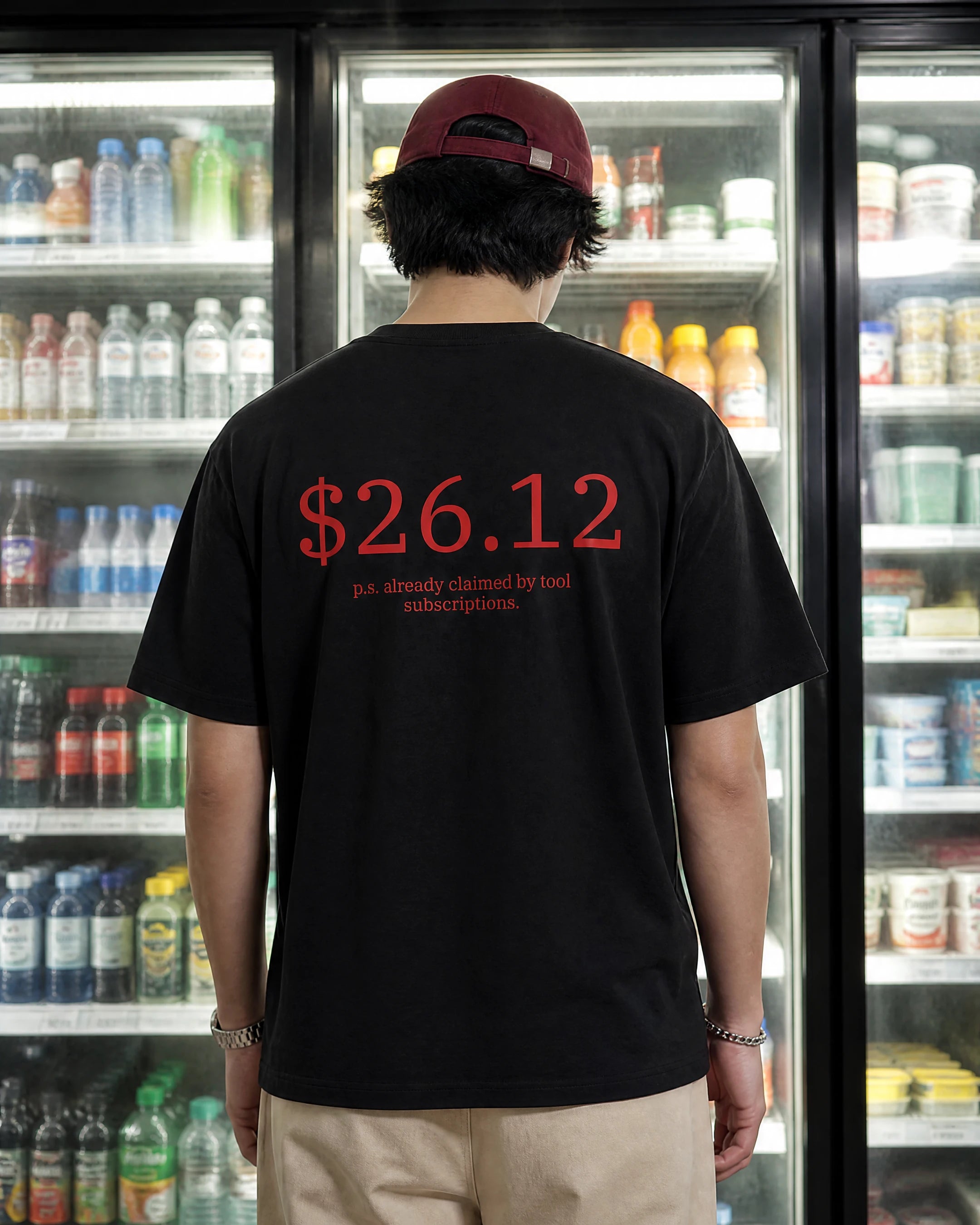 A man viewed from behind wearing a black t-shirt with red text reading '$26.12' and 'pa.